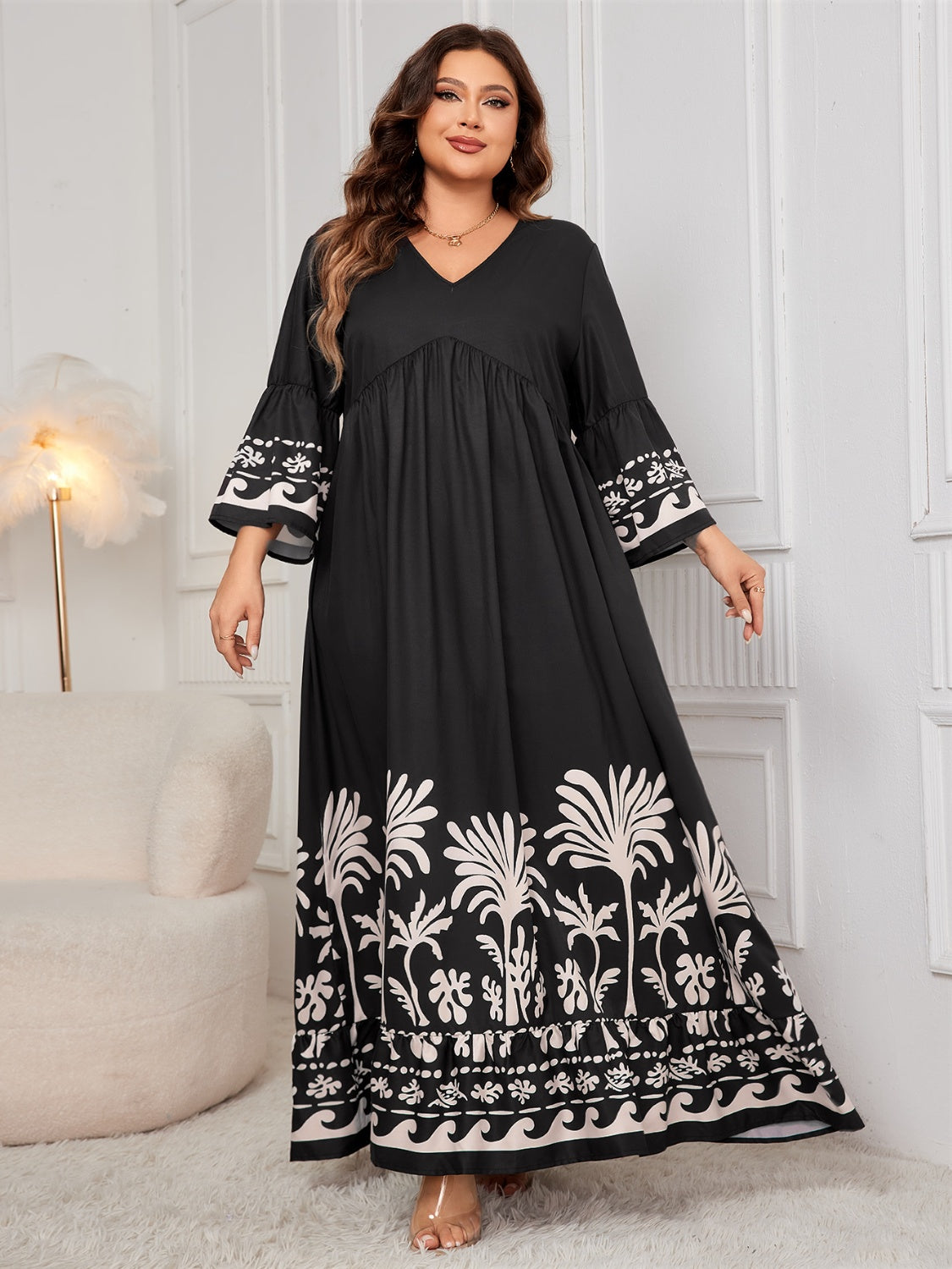 Plus Size Printed V-Neck Long Sleeve Maxi Dress Maxi Dresses JT's Designer Fashion