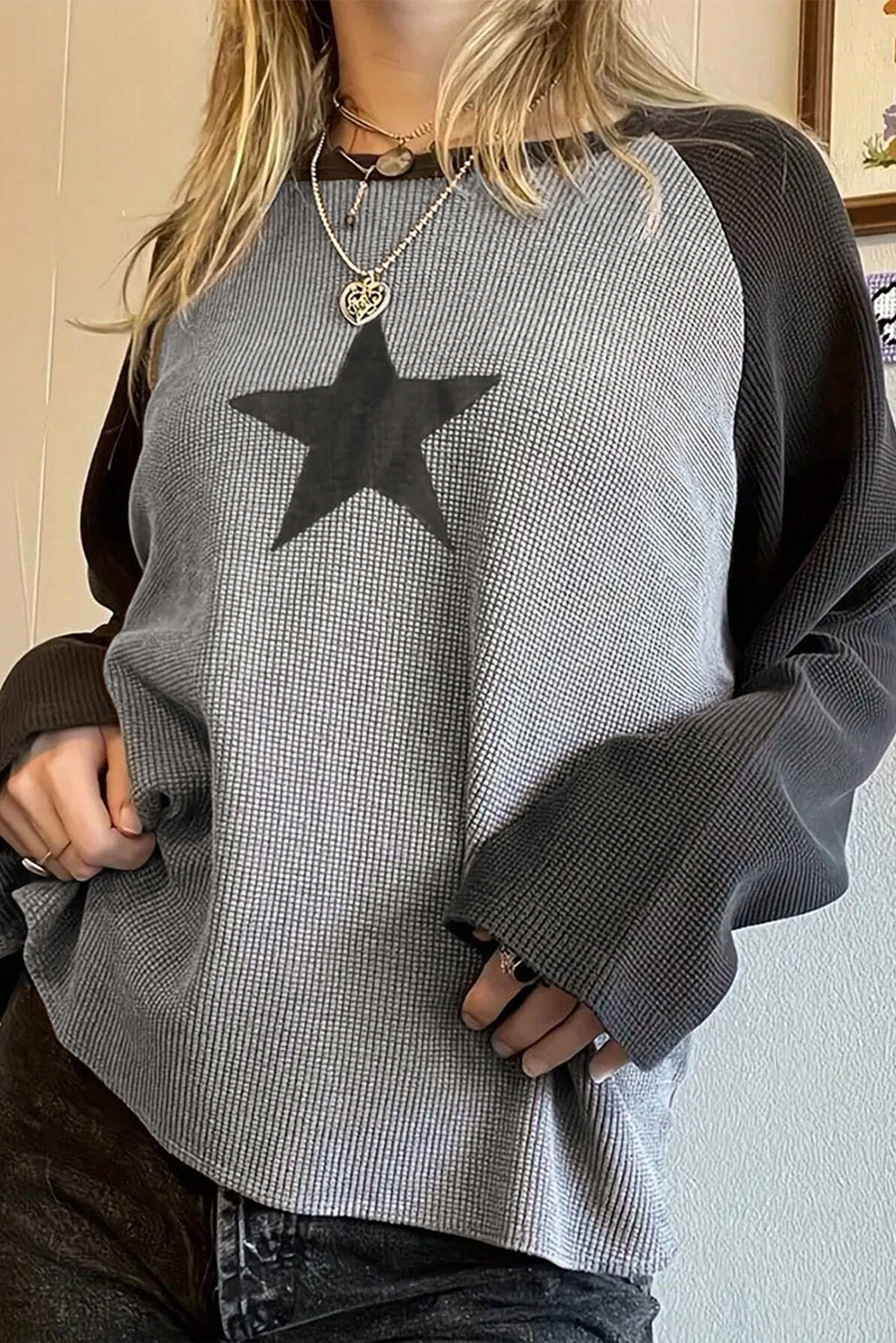 High Waffle Knit Colorblock Star Patch Graphic Raglan Top Long Sleeve Tops JT's Designer Fashion