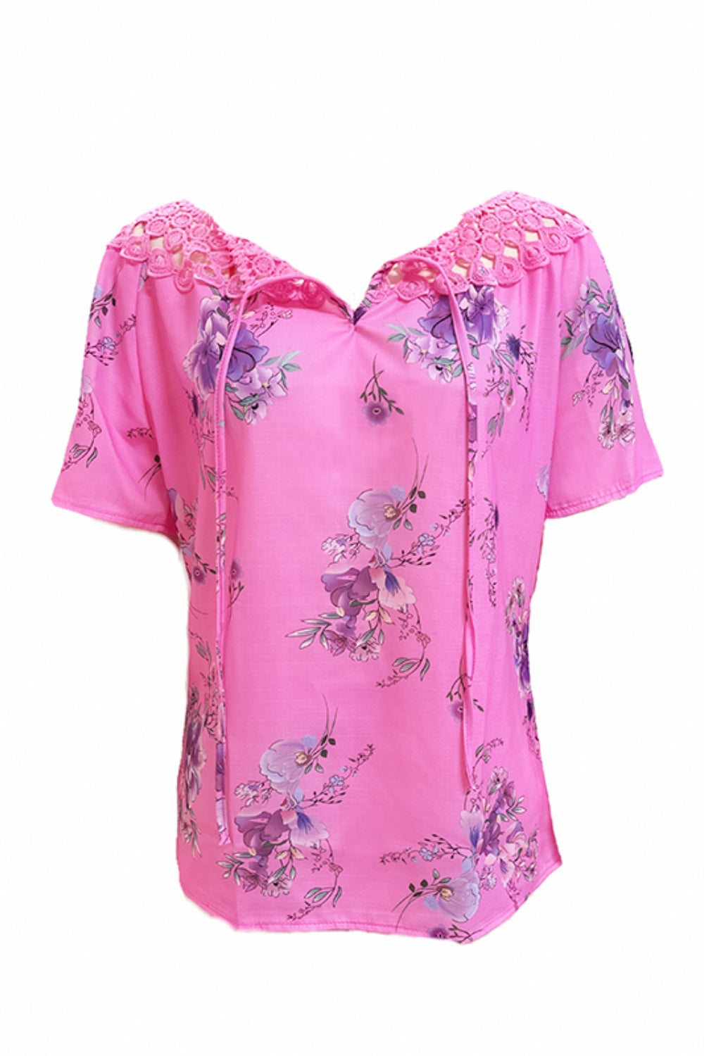 Full Size Printed Tie Neck Short Sleeve Blouse Blouses & Shirts JT's Designer Fashion