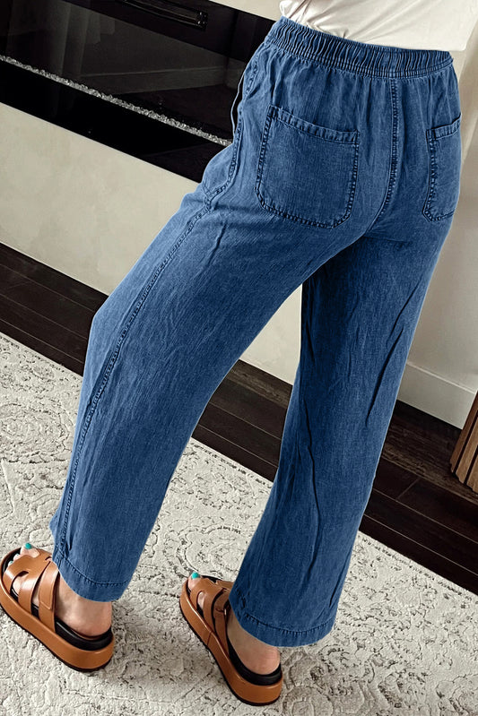 Sail Blue Mineral Wash Drawstring Waist Loose Straight Denim Pants Jeans JT's Designer Fashion