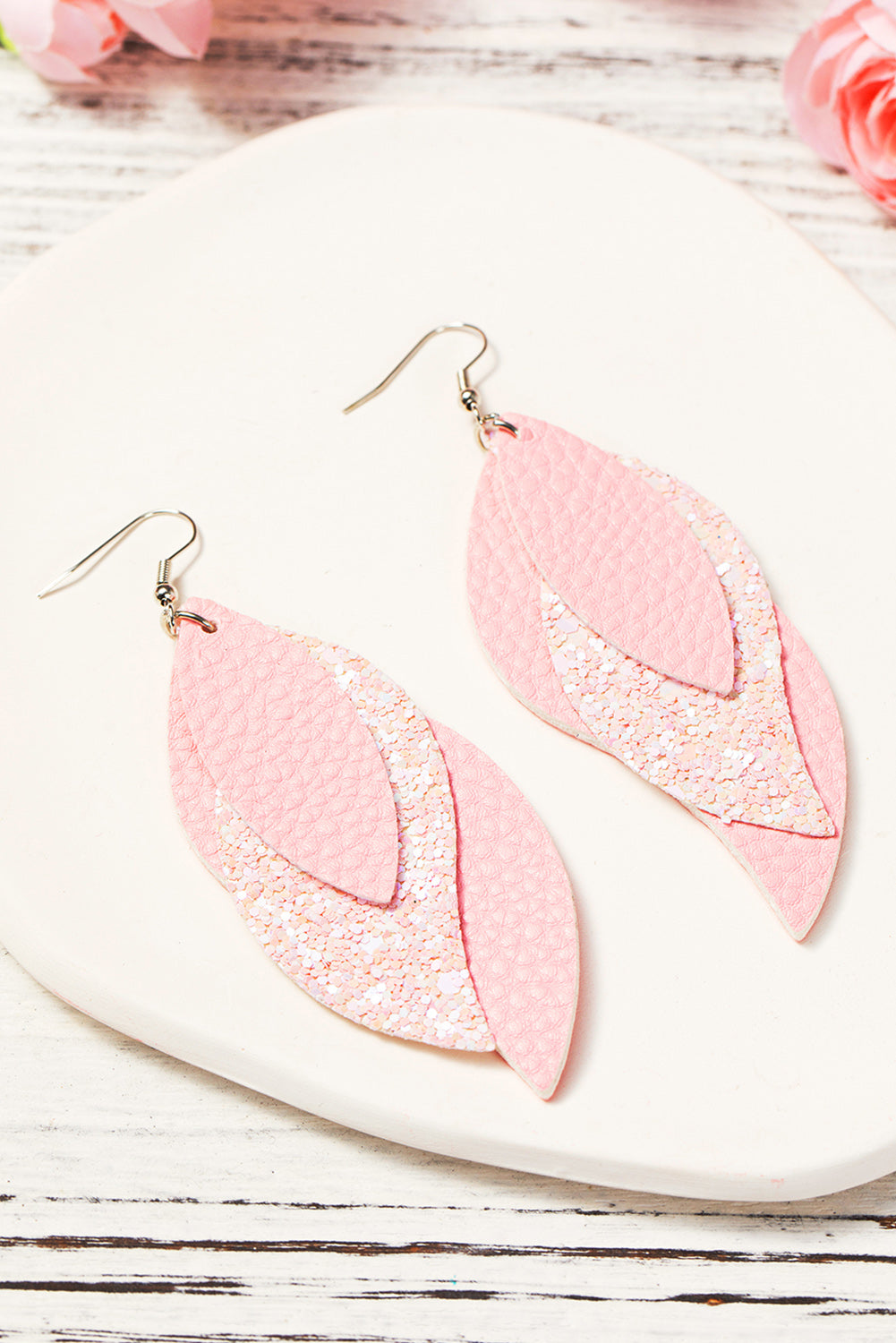 Light Pink Valentine PU Leaves Layered Earrings Jewelry JT's Designer Fashion