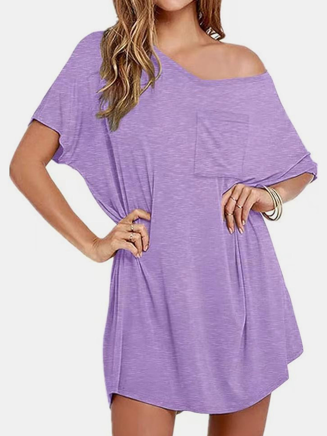 Pocketed V-Neck Short Sleeve Tee Dress T Shirt Dresses JT's Designer Fashion