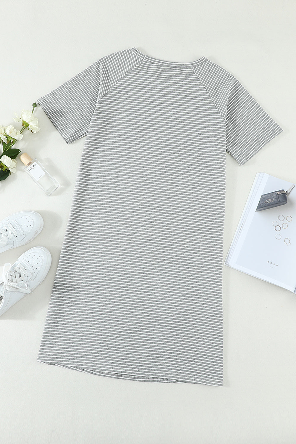 Gray Raglan Sleeve Striped Cotton-blend T-shirt Mini Dress T Shirt Dresses JT's Designer Fashion