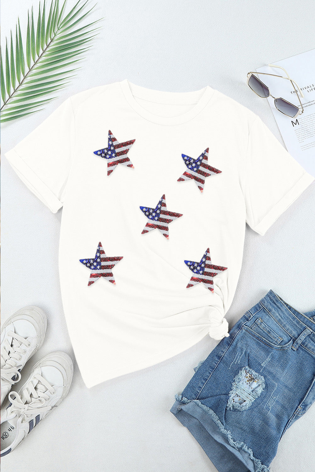 White Sequined American Flag Star Graphic T Shirt Graphic Tees JT's Designer Fashion