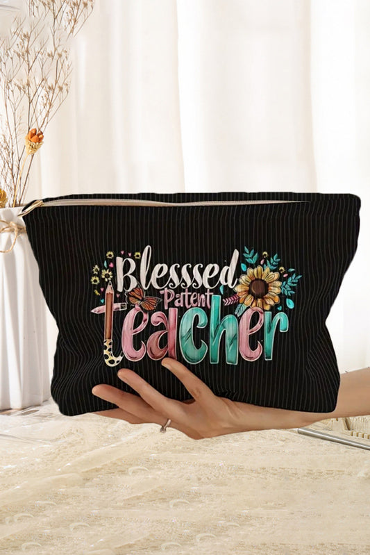 Black Blessed Teacher Flower Pencil Print Corduroy Storage Bag Makeup Bags JT's Designer Fashion