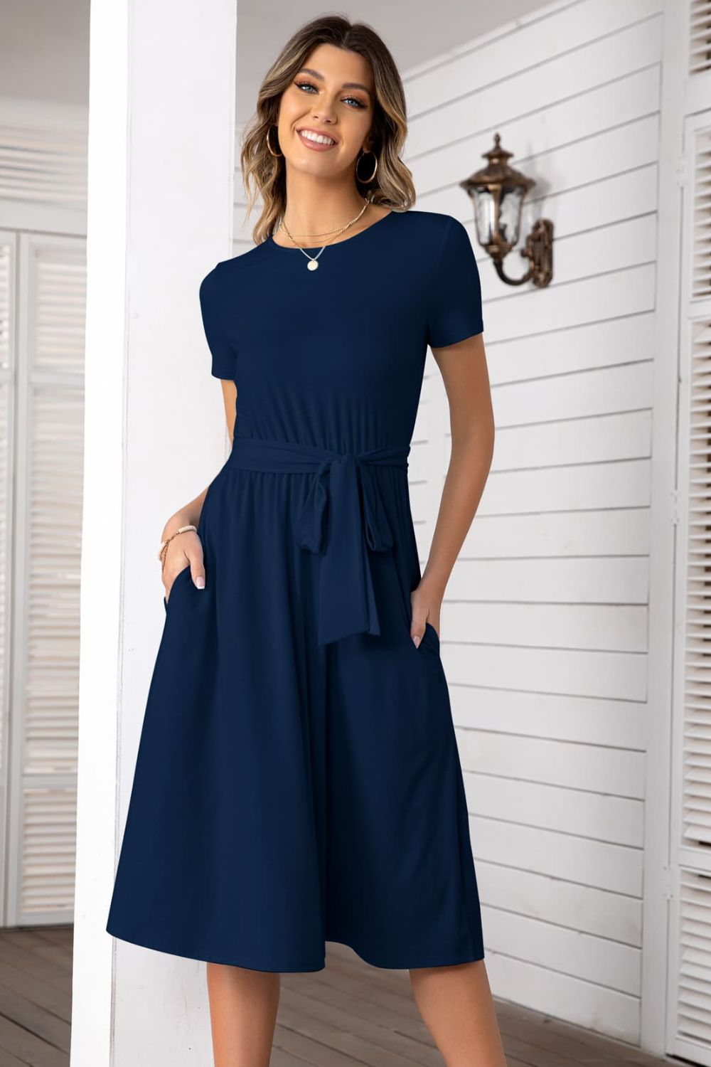 Belted Tee Dress With Pockets Dark Navy Midi Dresses JT's Designer Fashion