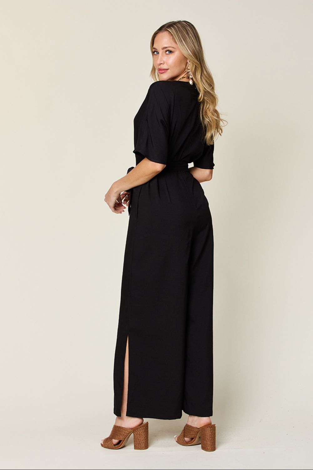 Double Take Full Size V-Neck Tied Side Slit Jumpsuit Jumpsuits & Rompers JT's Designer Fashion