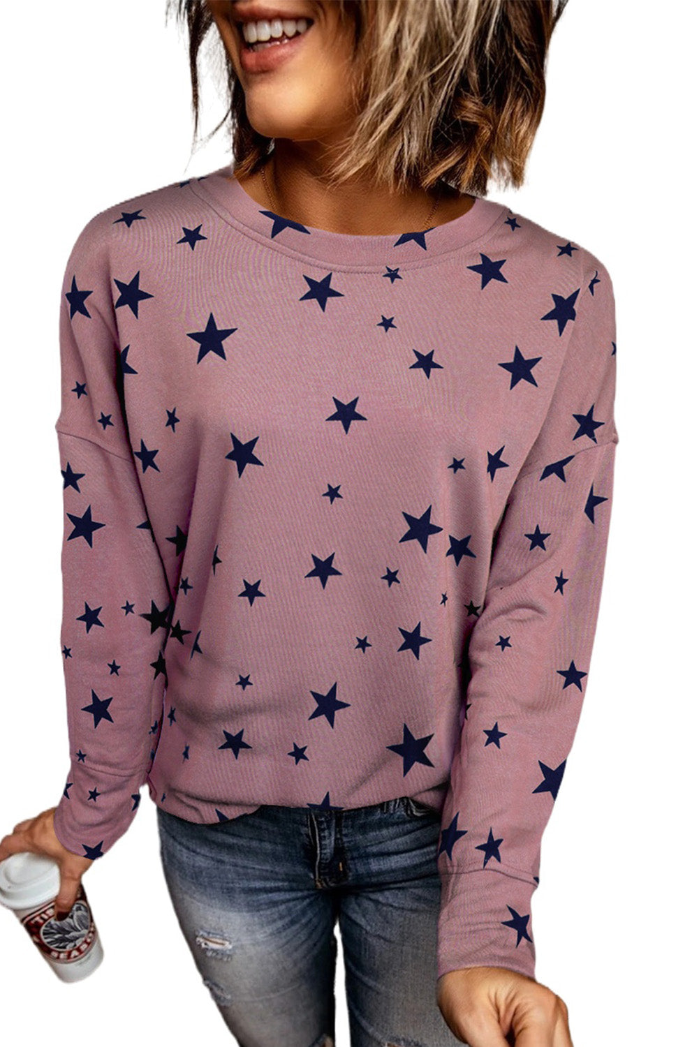 Pink Give A Little Love Crew Neck Star Print Long Sleeve Top Long Sleeve Tops JT's Designer Fashion