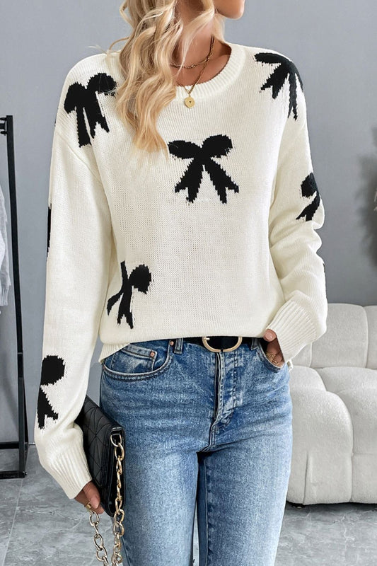 Bow Graphic Round Neck Long Sleeve Sweater Cream Long Sleeve Tops JT's Designer Fashion