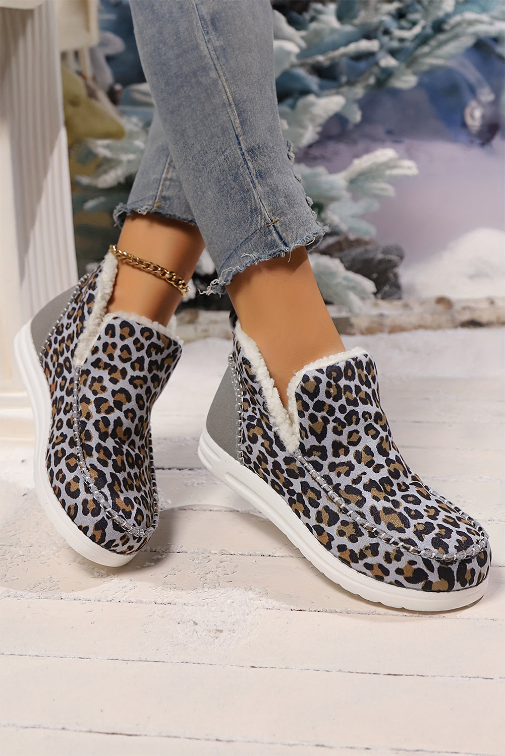 Dark Grey Leopard Print Ankle Patched Flat Winter Fur Boots Women's Shoes JT's Designer Fashion