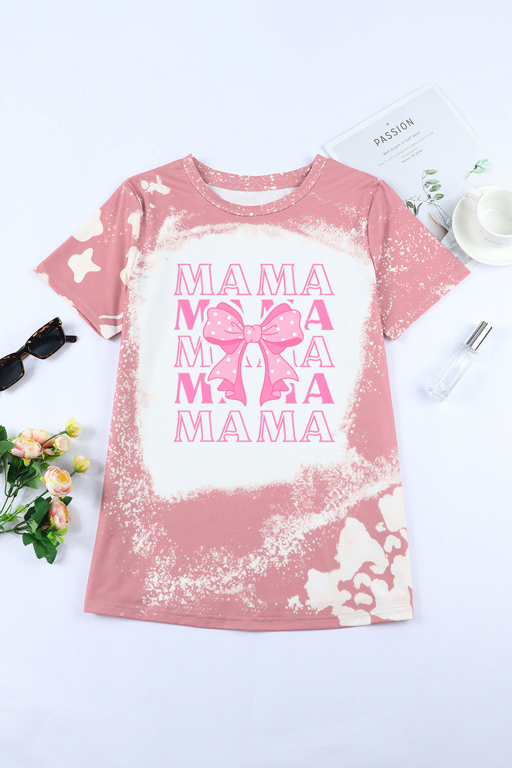 Pink MAMA Bowknot Graphic Bleached Tee Graphic Tees JT's Designer Fashion