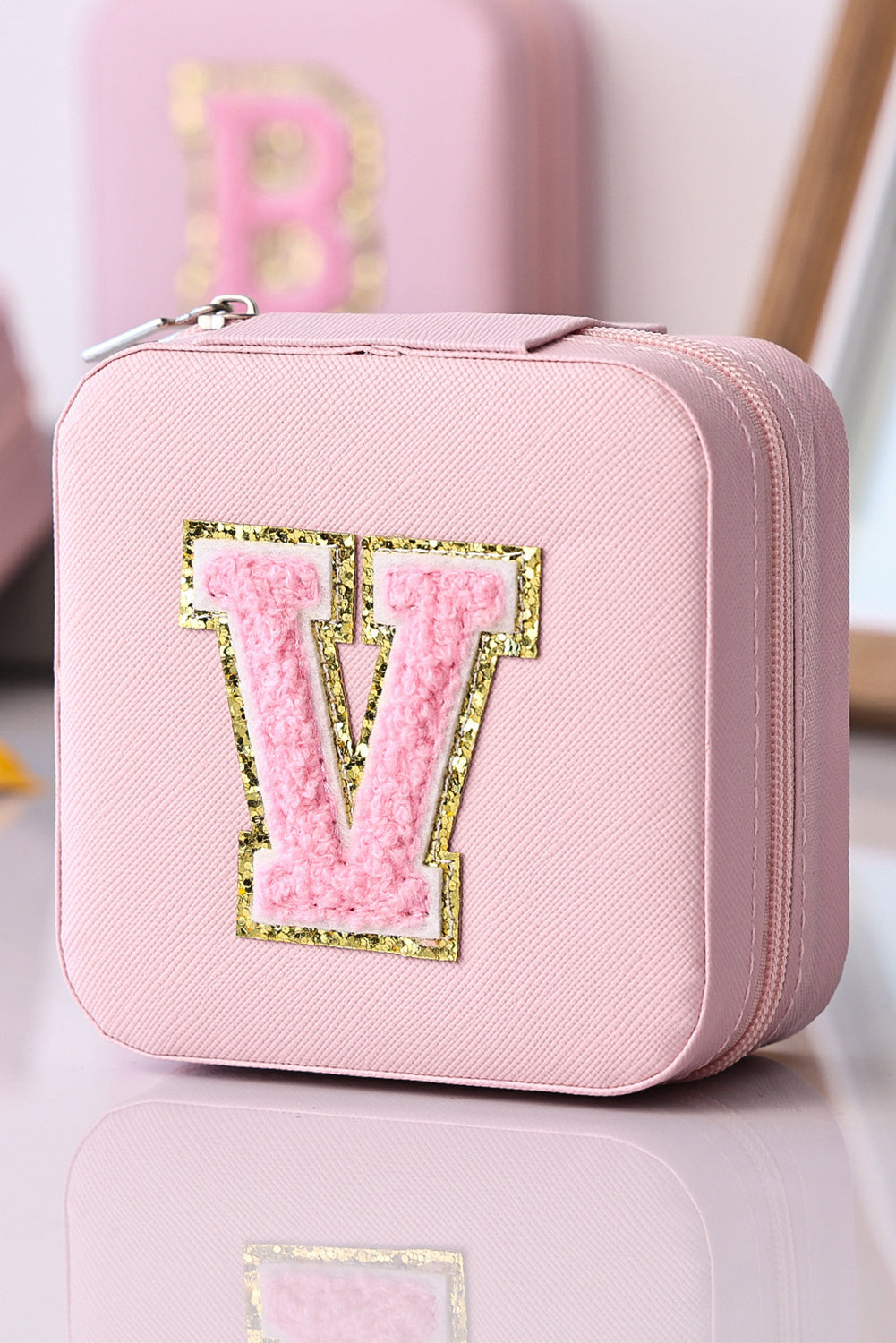 Pink Glitter Chenille V Letter Mini Square Jewery Box with Mirror Other Accessories JT's Designer Fashion