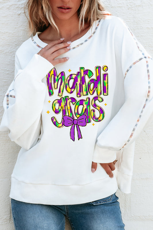 White mardi gras Bowknot Printed Contrast Trim Drop Shoulder Sweatshirt Graphic Sweatshirts JT's Designer Fashion