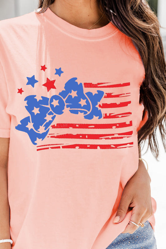 Pink Stars and Stripes Bow Knot Crew Neck T Shirt Graphic Tees JT's Designer Fashion