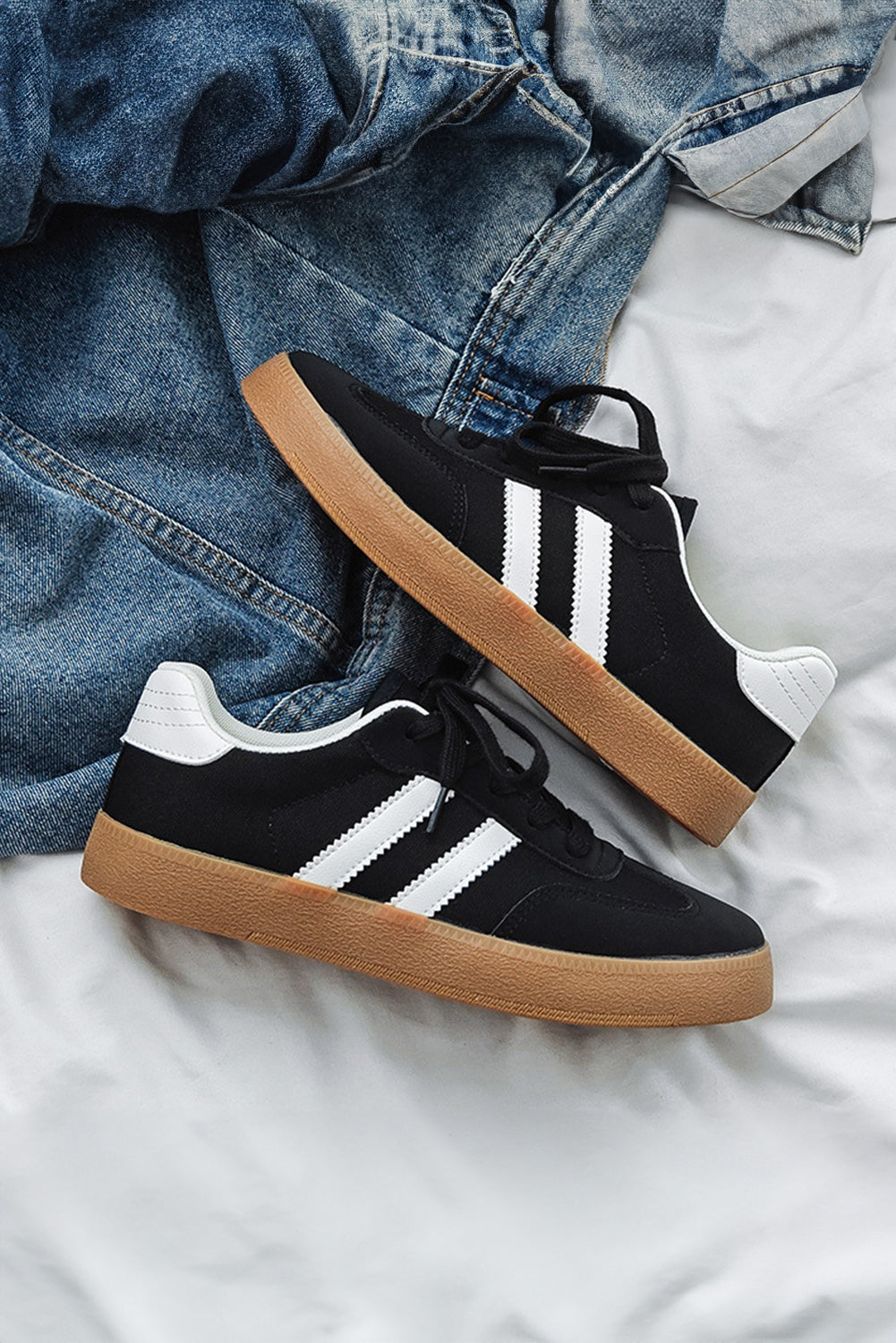 Black Striped Lace-up Flat Sneakers Women's Shoes JT's Designer Fashion