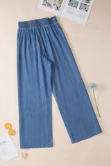 Sky Blue Side Pockets Frilled Smocked High Waist Wide Leg Jeans Bottoms JT's Designer Fashion