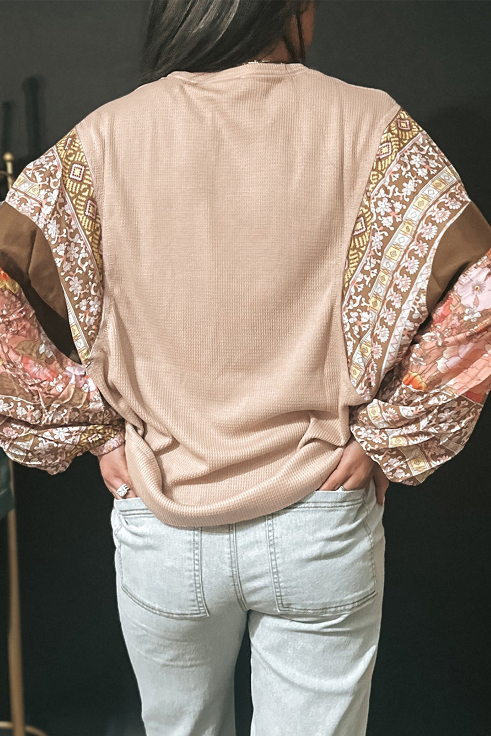 Parchment Contrast Floral Patchwork Puff Sleeve Waffle Knit Top Long Sleeve Tops JT's Designer Fashion