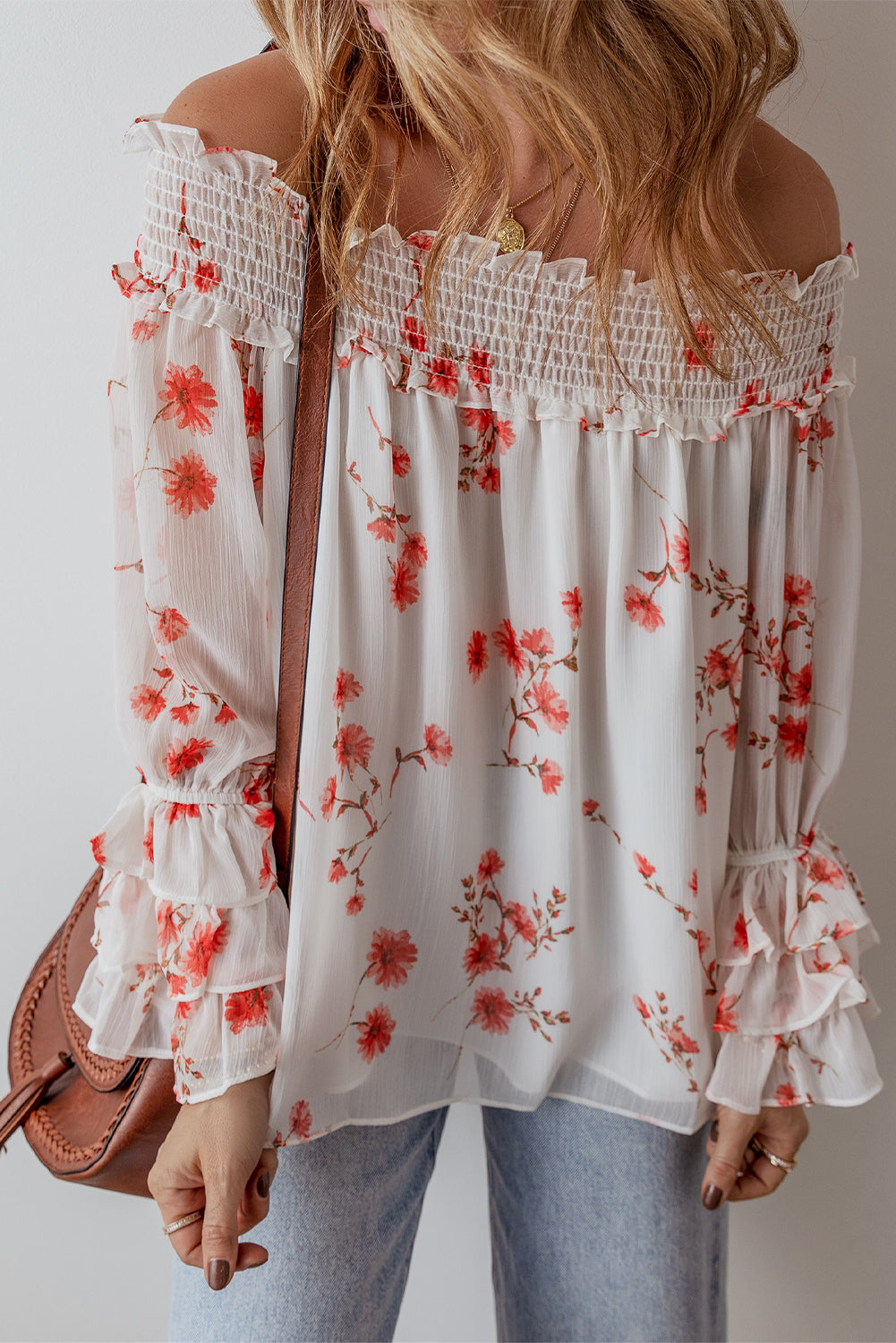 White Floral Print Shirred Off Shoulder Ruffled Sleeve Blouse Blouses & Shirts JT's Designer Fashion