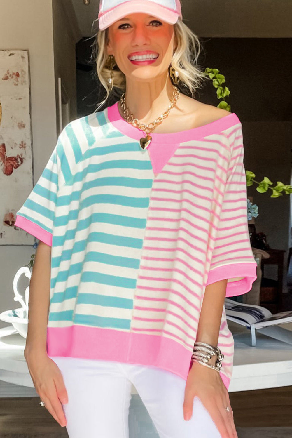 Pink Stripe Contrast Patchwork Oversized T Shirt Tops & Tees JT's Designer Fashion