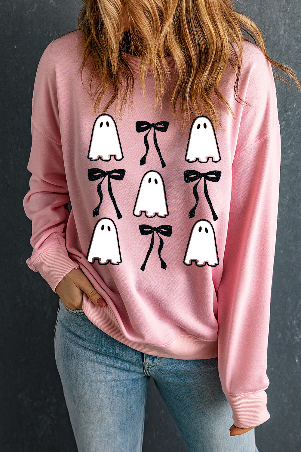 Pink Ghost Bowknot Printed Drop Shoulder Halloween Sweatshirt Graphic Sweatshirts JT's Designer Fashion