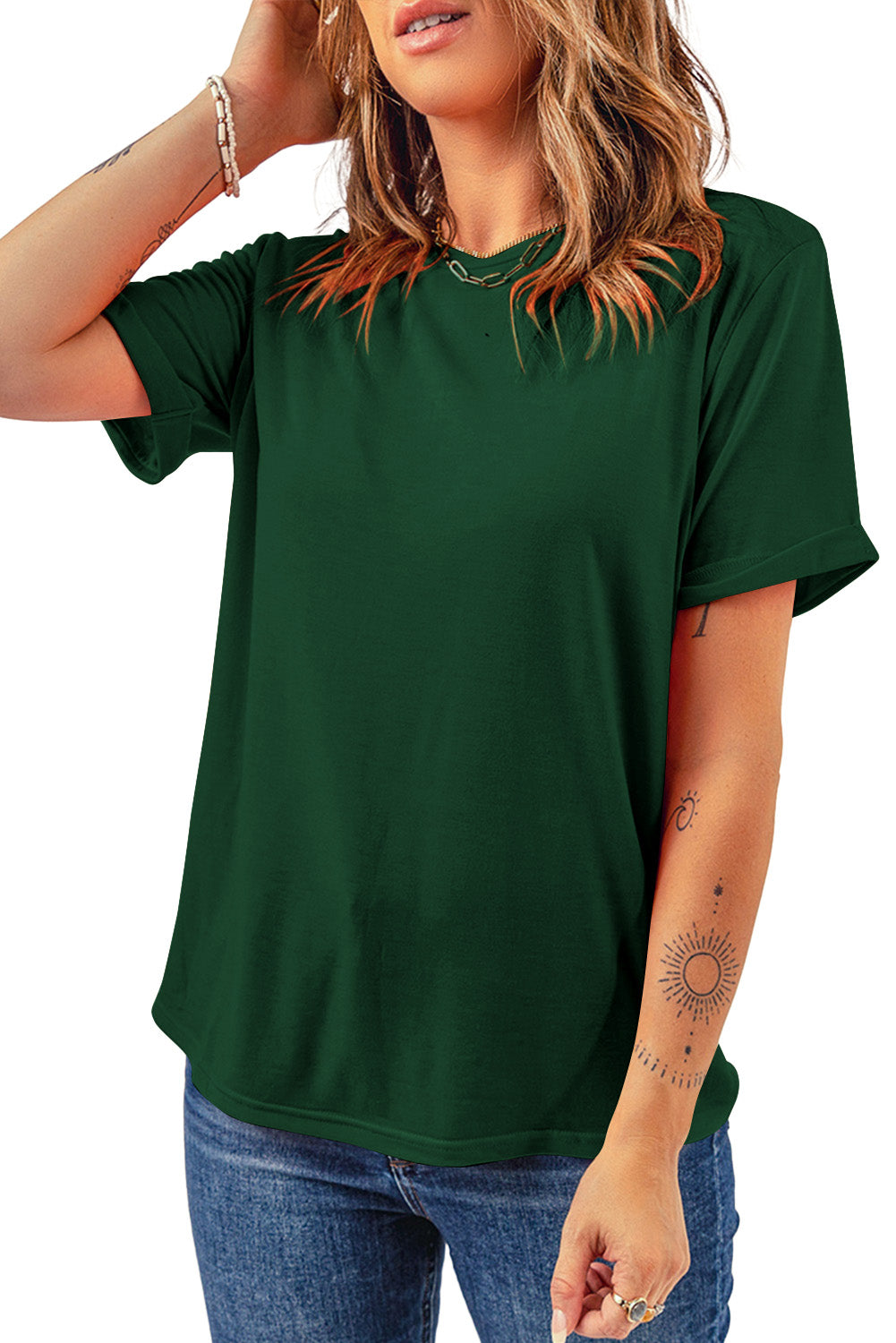 Green Casual Plain Crew Neck Tee Tops & Tees JT's Designer Fashion