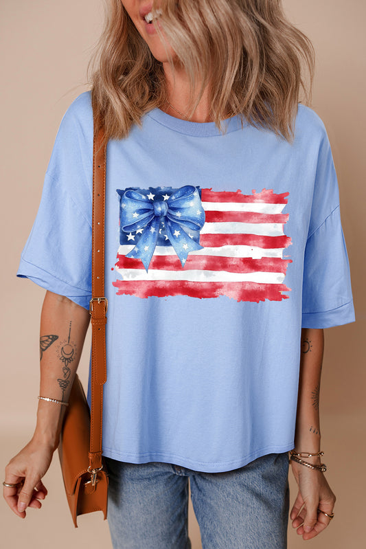 Myosotis American Flag Bow Knot Print Half Sleeve T Shirt Graphic Tees JT's Designer Fashion