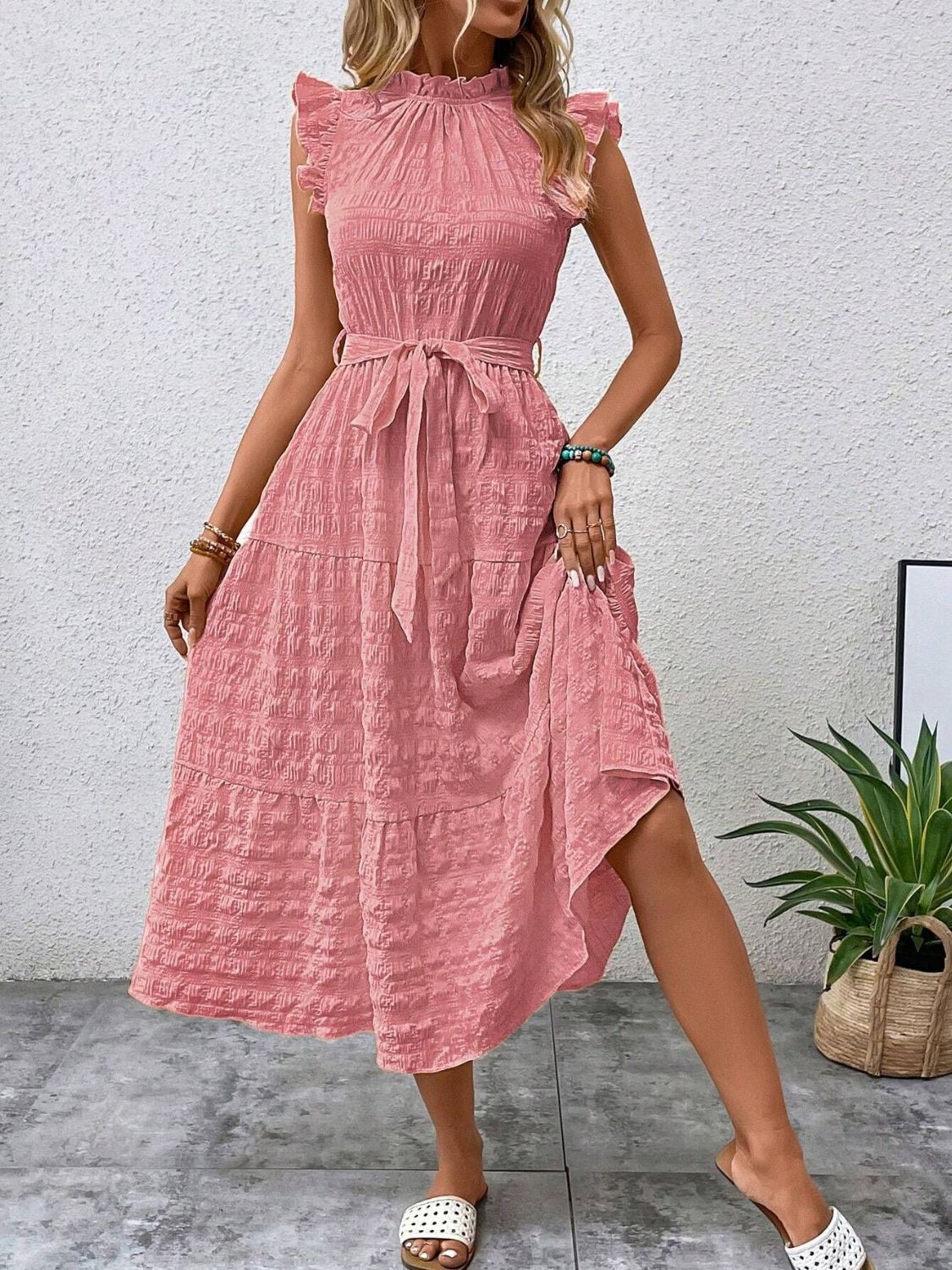 Tied Ruffled Cap Sleeve Midi Dress Midi Dresses JT's Designer Fashion