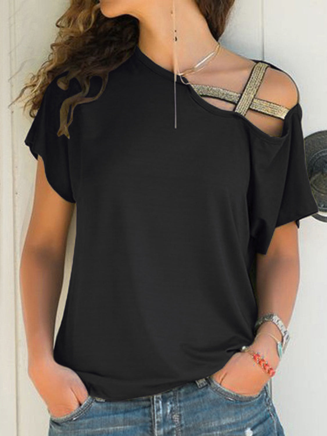 Asymmetrical Neck Short Sleeve T-Shirt Black Blouses & Shirts JT's Designer Fashion