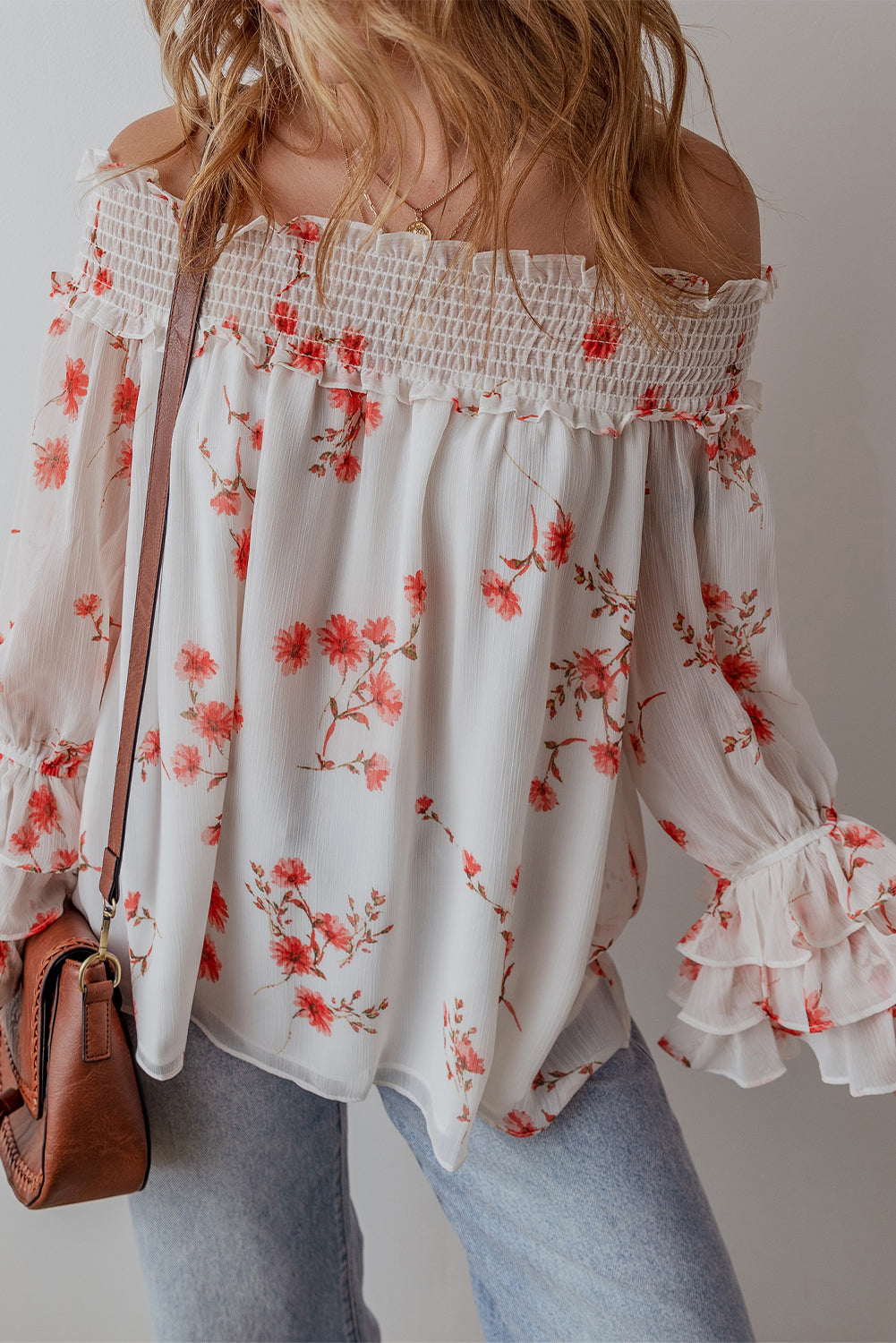 White Floral Print Shirred Off Shoulder Ruffled Sleeve Blouse Blouses & Shirts JT's Designer Fashion