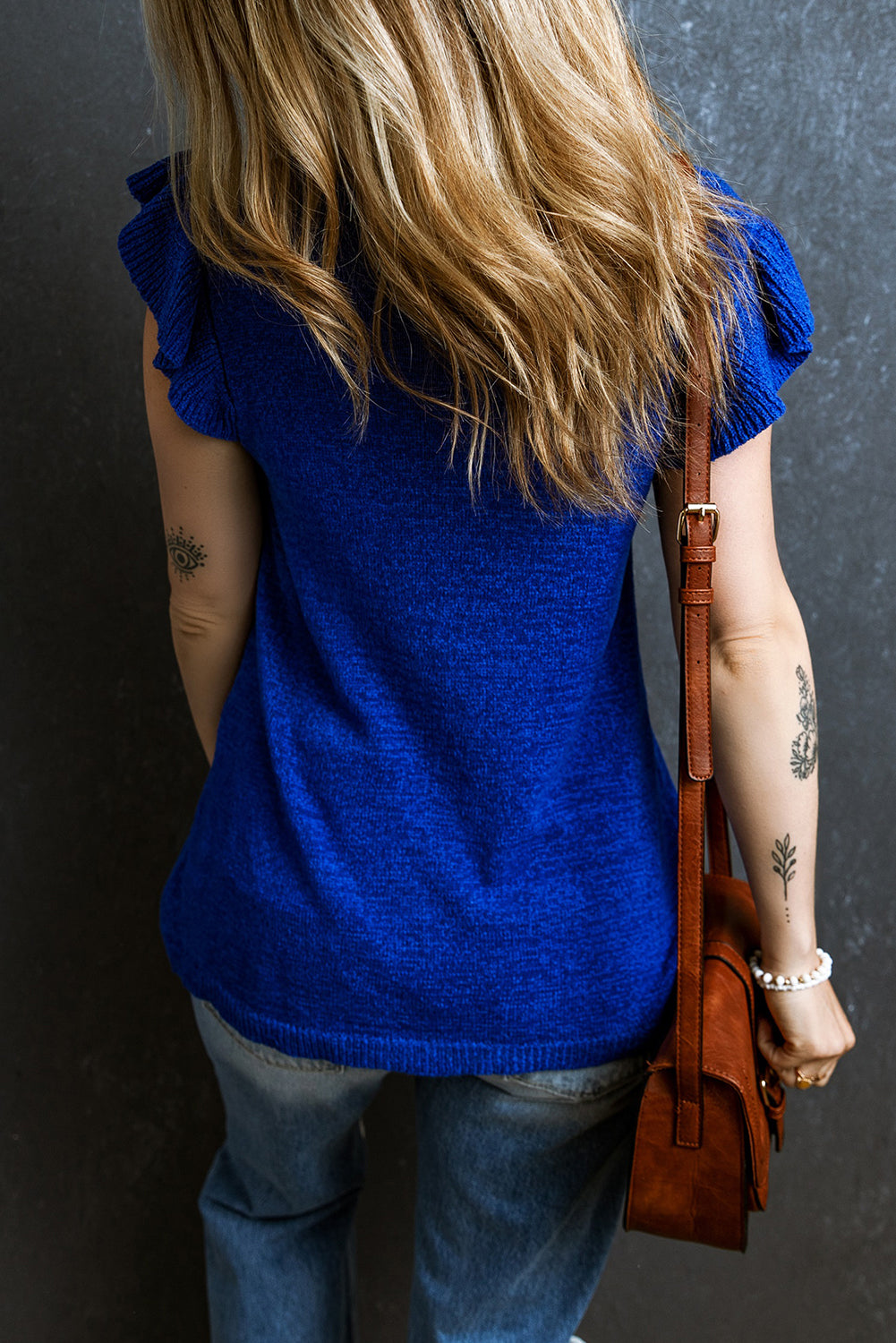 Dark Blue Ruffle Sleeve Knitted Sweater Top Tops & Tees JT's Designer Fashion