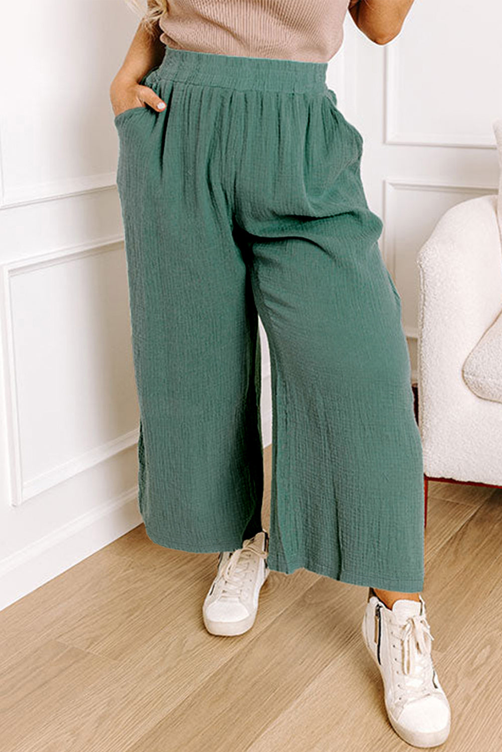 Smoke Green Plus Size Textured Frayed Edge Wide Leg Pants Smoke Green 100%Cotton Plus Size Bottoms JT's Designer Fashion