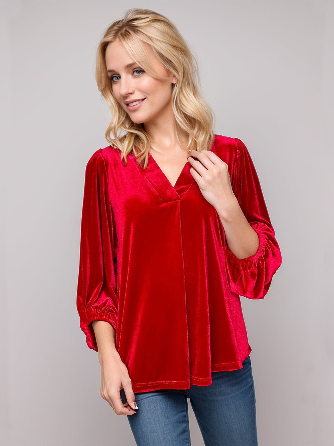 V-Neck Three-Quarter Sleeve Blouse Long Sleeve Tops JT's Designer Fashion