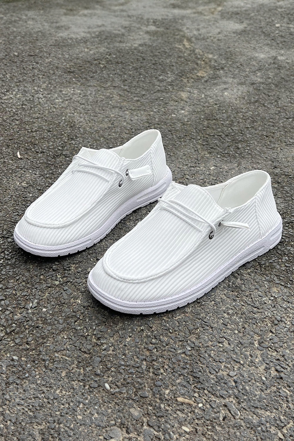 White Ribbed Lace-up Decor Slip On Shoes Women's Shoes JT's Designer Fashion