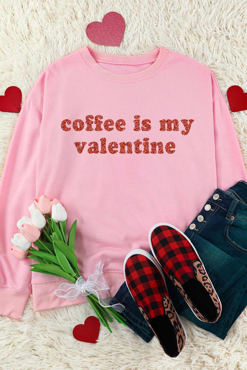 Pink Sequined Coffee is my Valentine Graphic Pullover Sweatshirt Graphic Sweatshirts JT's Designer Fashion