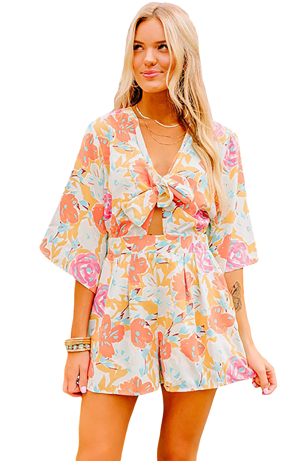 Orange Blooming Floral Print Front Tie Romper Jumpsuits & Rompers JT's Designer Fashion