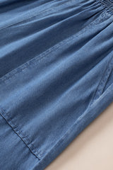 Sky Blue Side Pockets Frilled Smocked High Waist Wide Leg Jeans Bottoms JT's Designer Fashion