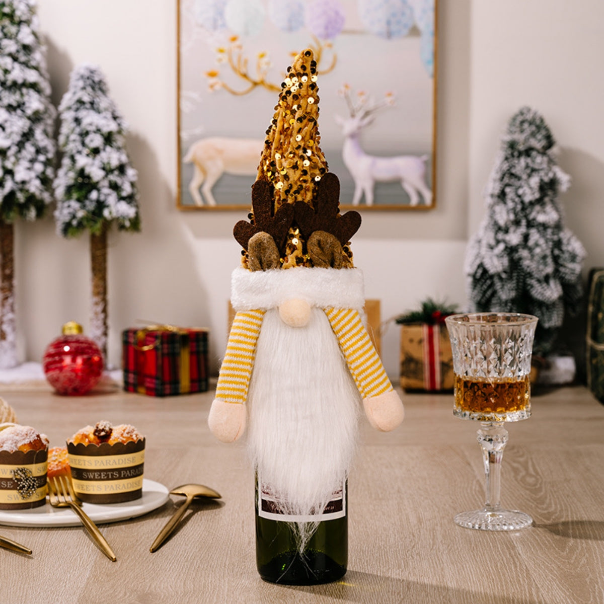 Sequin Pointed Hat Faceless Gnome Wine Bottle Cover Gold One Size Home Accessories JT's Designer Fashion