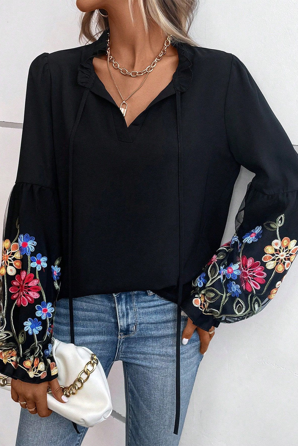 Black Floral Patched Flounce Sleeve Split Neck Blouse Blouses & Shirts JT's Designer Fashion