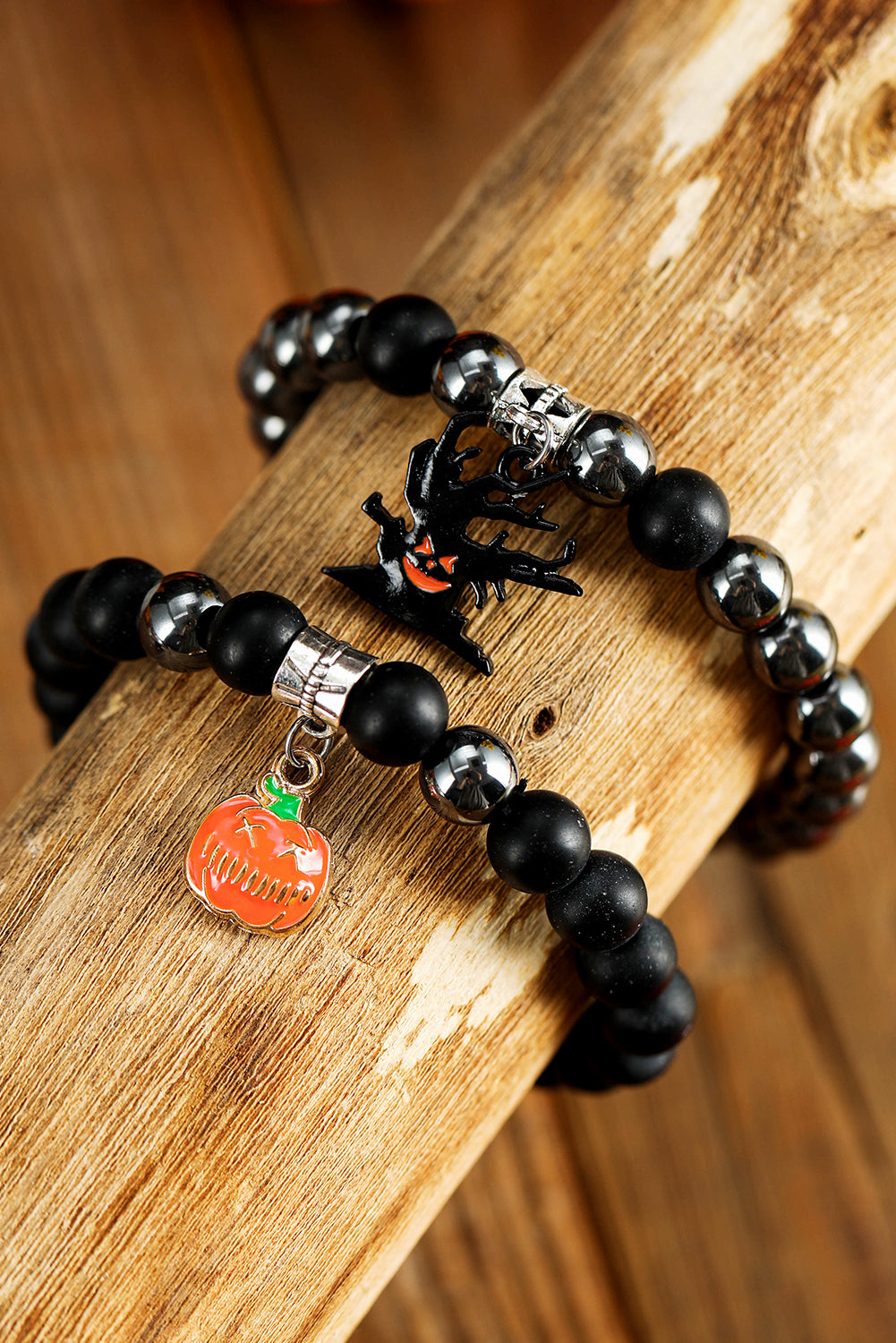 Black Halloween Pumpkin Ghost Pendant Beaded Layered Bracelet Set Jewelry JT's Designer Fashion