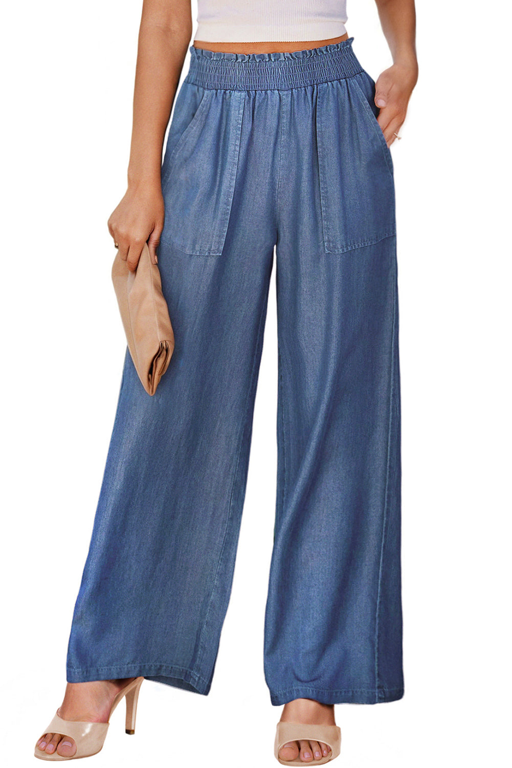 Sky Blue Side Pockets Frilled Smocked High Waist Wide Leg Jeans Bottoms JT's Designer Fashion