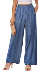 Sky Blue Side Pockets Frilled Smocked High Waist Wide Leg Jeans Bottoms JT's Designer Fashion