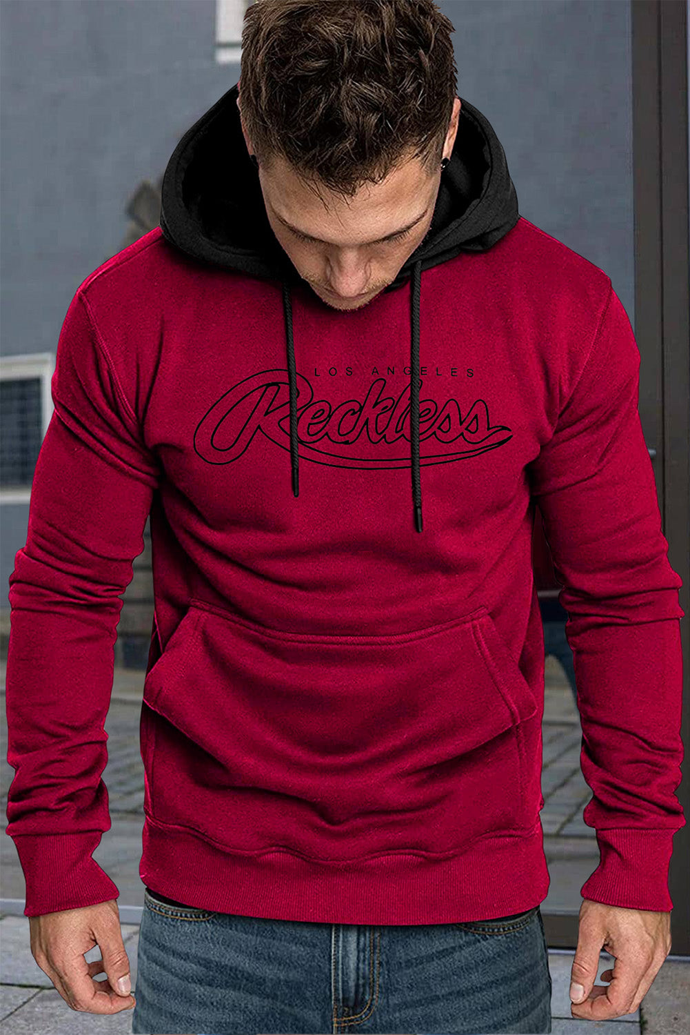 Fiery Red Los Angeles Reckless Print Color Block Men's Hoodie Fiery Red Men's Tops JT's Designer Fashion