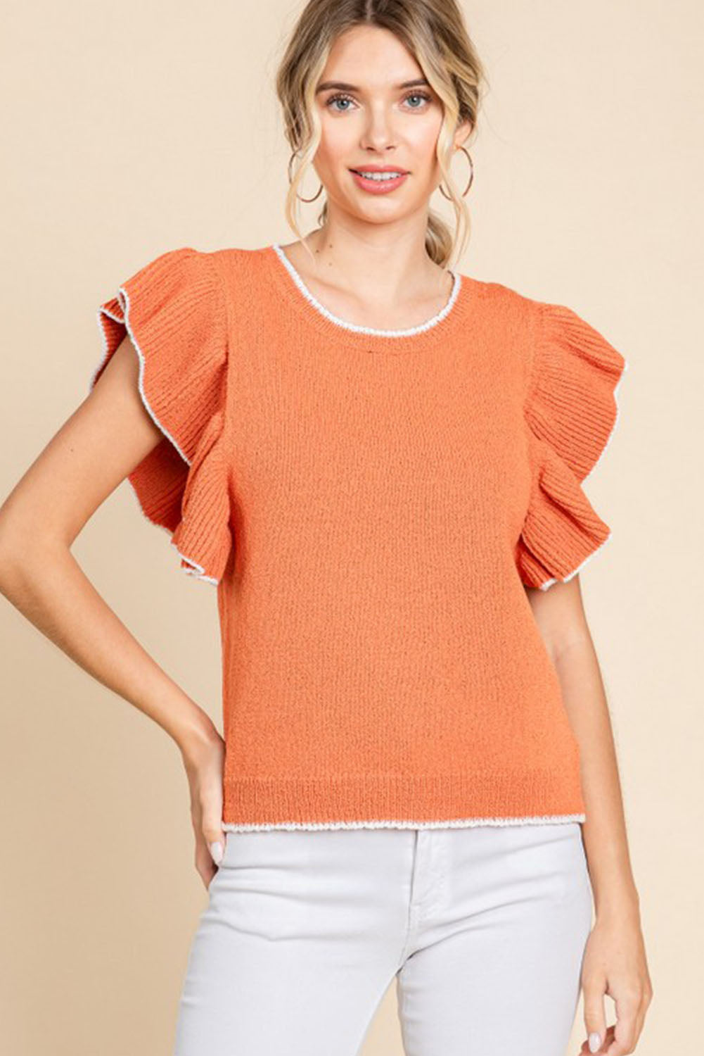 Russet Orange Contrast Trim Ruffle Sleeve Knitted Top Pre Order Sweaters & Cardigans JT's Designer Fashion