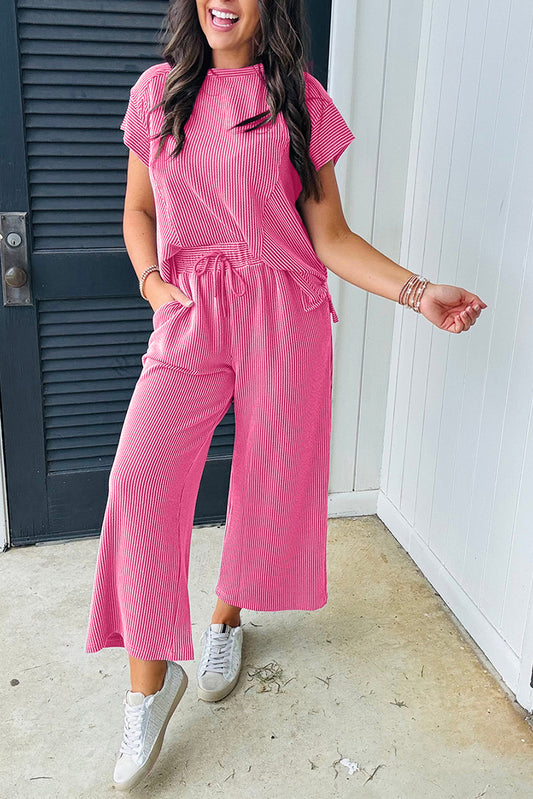 Bright Pink Solid Corded Knit Short Sleeve T Shirt and Wide Leg Pants Set Pant Sets JT's Designer Fashion