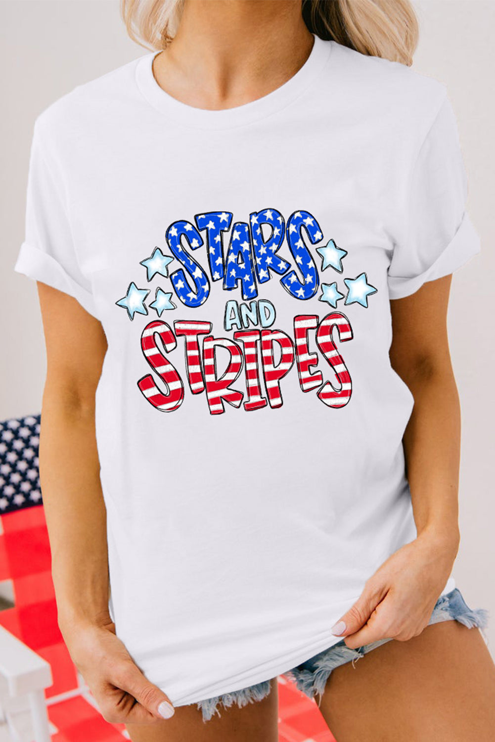 White Stars and Stripes Round Neck Graphic T Shirt Graphic Tees JT's Designer Fashion