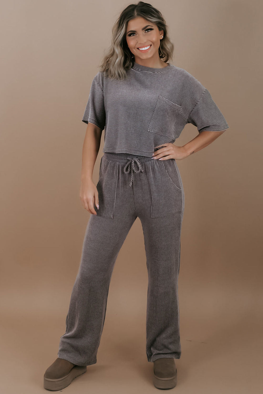 Dark Grey Ribbed Knit Pocketed Tee and Lace-up High Waist Pants Set Bottoms JT's Designer Fashion