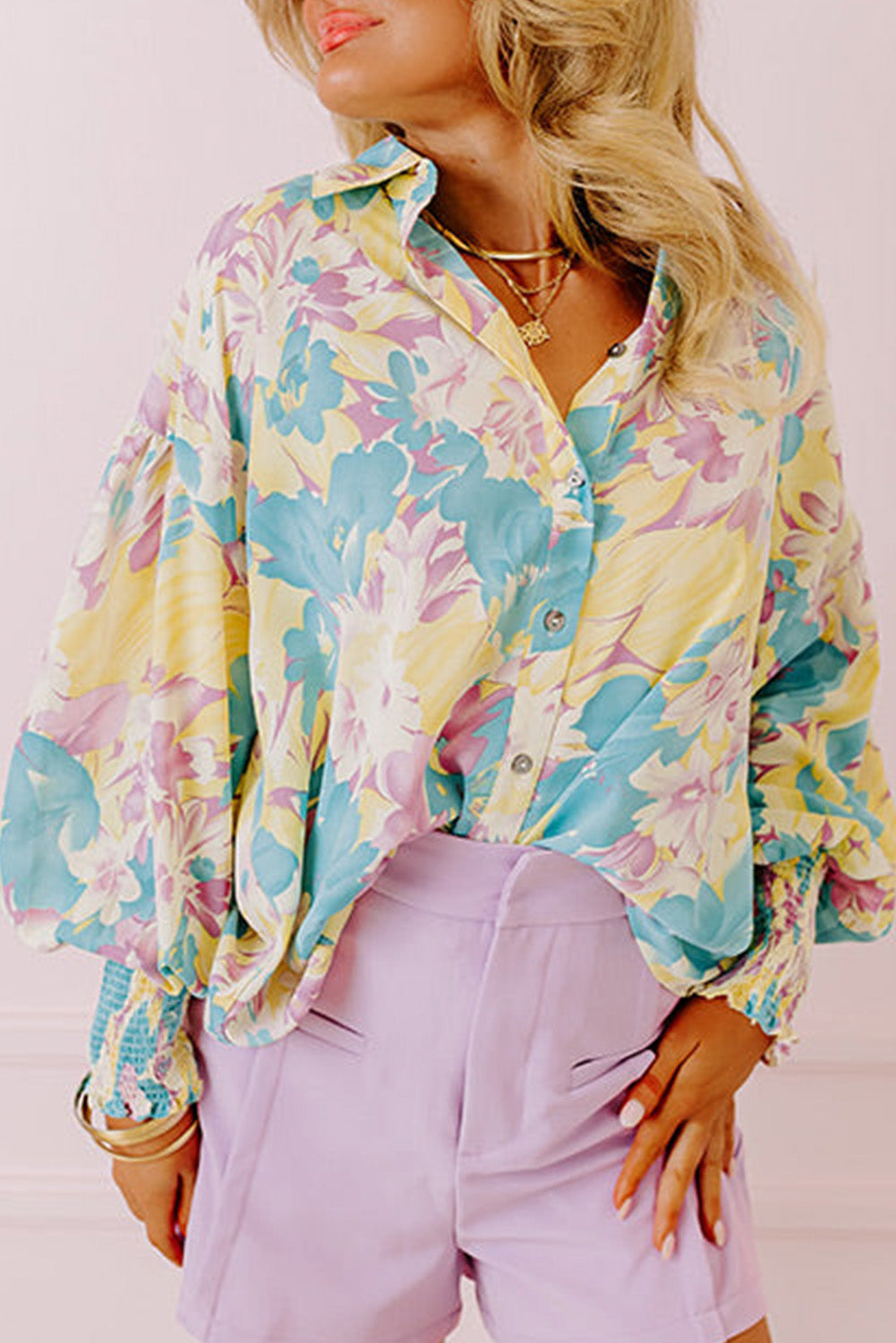 Yellow Floral Allover Print Shirred Cuff Oversized Shirt Blouses & Shirts JT's Designer Fashion