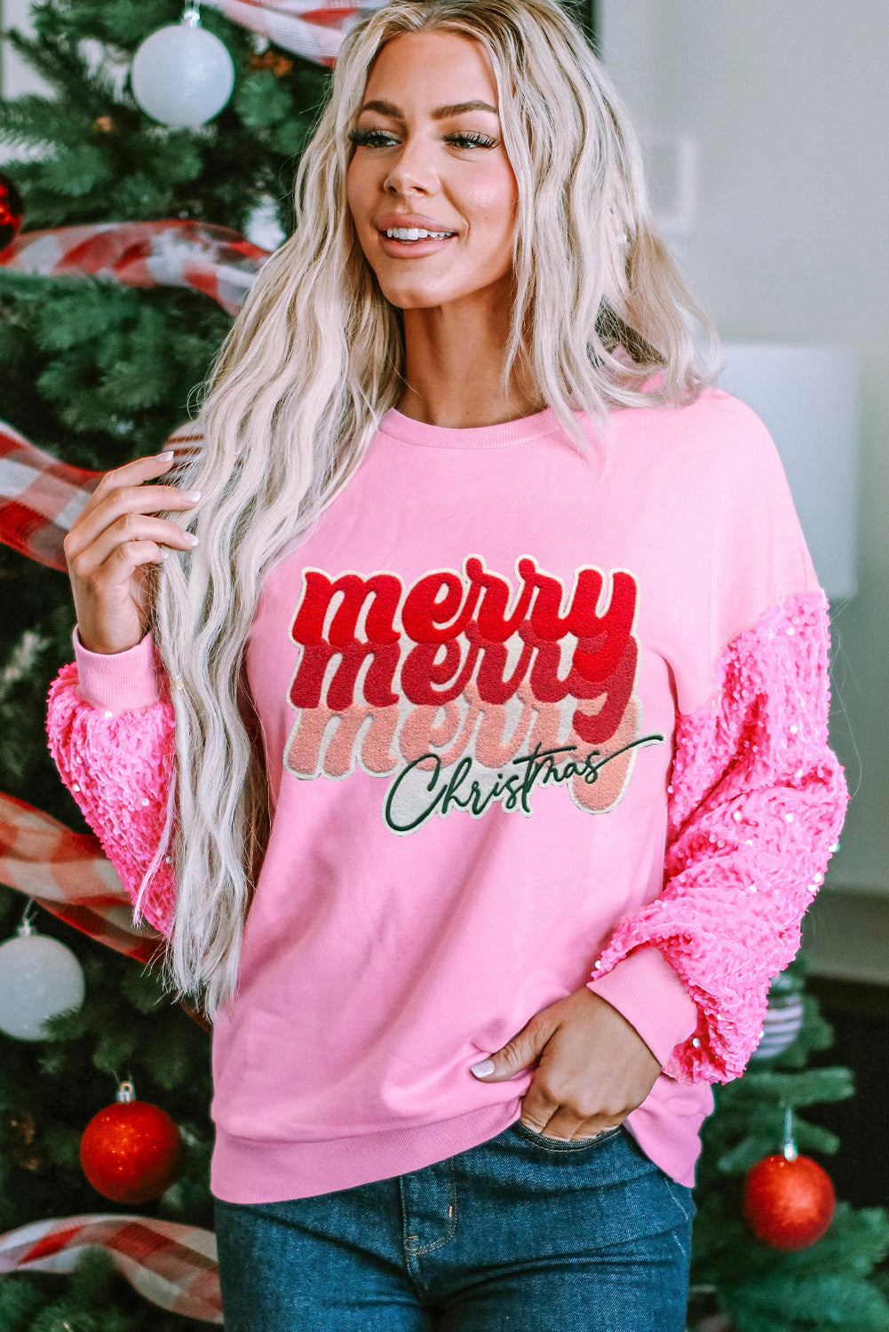 Pink Merry Christmas Graphic Sequin Sleeve Patchwork Top Pink 65%Polyester+35%Cotton Graphic Sweatshirts JT's Designer Fashion