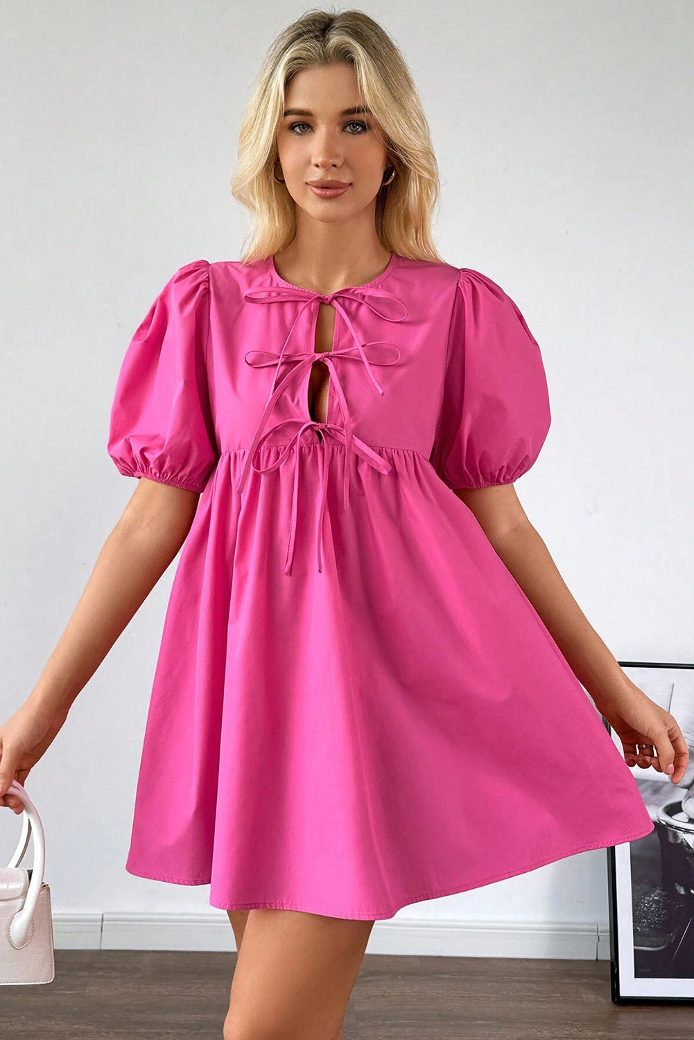 Bright Pink Solid Color Puff Sleeve Tie Front High Waist Mini Dress Mini Dresses JT's Designer Fashion