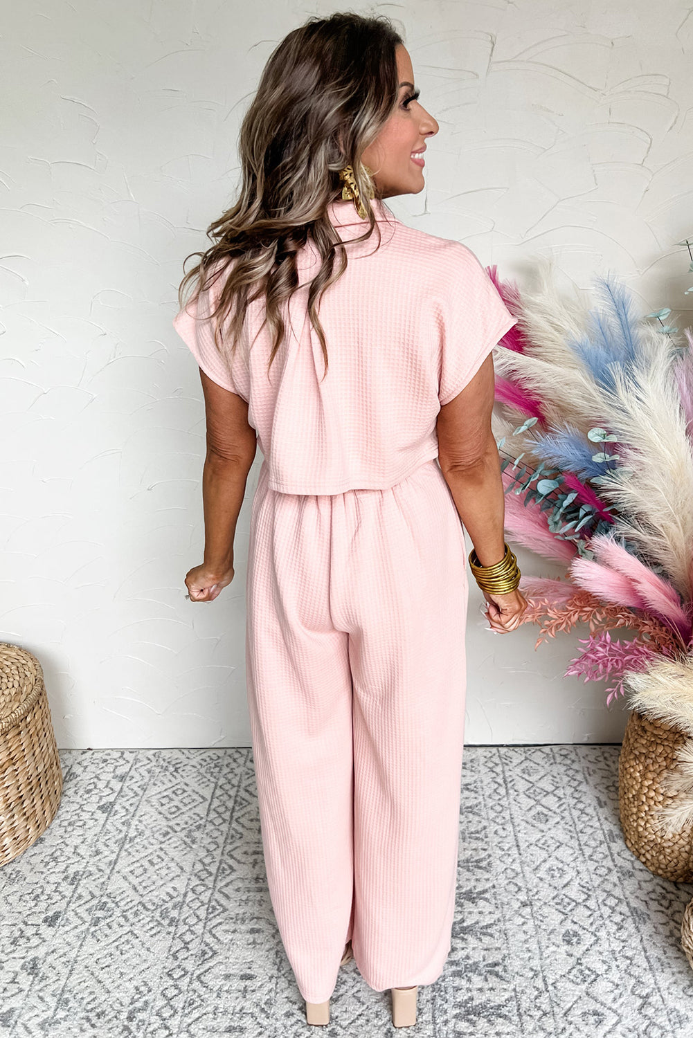 Light Pink Waffle Short Sleeve Collared Button Up Jumpsuit Bottoms JT's Designer Fashion